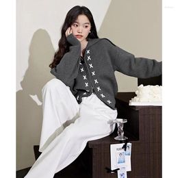 Women's Knits Autumn And Winter Grey Knitted Cardigan Sweater Fashion Celebrity High-quality Lapel Double-head Zip Tops Jacket