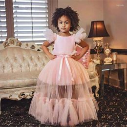 Girl Dresses Pink Puffy Flower For Wedding Layered Tulle Lace Appliques Kids Pageant Evening Party Birthday Gown Girls