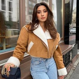 Womens Jackets Winter Women Thick Warm Lamb Jacket Short Motorcycle Brown Coats Faux Shearling Sheepskin Leather Outwear Y2K 231204