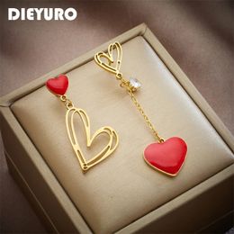 Charm DIEYURO 316L Stainless Steel Red Heart Zircon Drop Earrings For Women Fashion Girls Asymmetric Ear Jewelry Party Birthday Gifts 231204