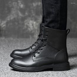 Boots British Style Men Genuine Leather Waterproof Lace Up With Zipper Warm Plush Winter Working Boot For Non Slip Shoes