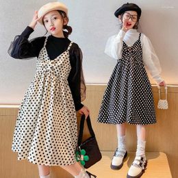 Girl Dresses Girls Polka Dot Dress Suit Autumn Clothes 2023 Teen Kids Long-sleeved Bubble Sleeve Bottoming Shirt With