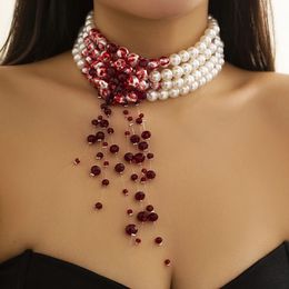 Pendant Necklaces Halloween Gothic Multi Layered Imitation Pearl Clavicle Necklace Harajuku Red Crystal Beads Tassel Choker Women Cosplay Jewellery 231204