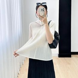 Women's T Shirts Miyake Pleated Scarf Collar Shirt 2024 Spring Summer Solid Colour Casual T-shirt Simple High Fashion Short Sleeve Tops