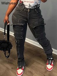 Frauen Jeans elegante Multi -Taschen -Front -Zipper -Fliegenbleistift -Jeans für Frauen Street Herbst Winter Denimhose Sexy Rave Club Streetwear -Hosen T231204