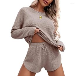Women's Tracksuits Tenue Libertine Sexy Womens Waffle Knit Pajama Sets Long Sleeve Top and Shorts Matching Lounge Set Loungewear Sweatsuit