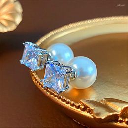 Stud Earrings Sparkling Square Zircon Pearl Double Sided For Women Personality Multi Function Jewellery Bijoux