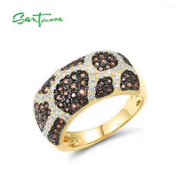 Cluster Rings SANTUZZA Genuine 925 Sterling Silver For Women Sparkling Brown Spinel White CZ Leopard Print Elegant Gift Fine Jewelry