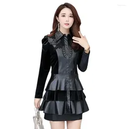 Women's Leather Fashion Thin Windbreaker Female 2023 Spring Autumn Korean Slim Splicing PU Dress Coat Outerwear 6XL