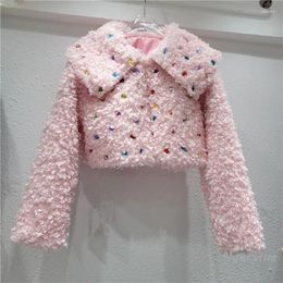 Women's Fur 2023 Winter Short Coat Woman Large Lapel Handmade Beaded Youthful Faux Lamb Pink Furry Coats