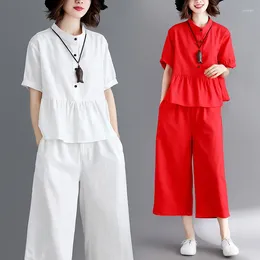 Women's Two Piece Pants #1070 White Red Blousers Stand Collar Shirt Short Sleeve Tops And Wide Leg Casual Loose 2 Sets Women Cotton Linen