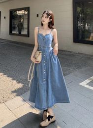 Casual Dresses French Denim Suspender Dress For Women's Summer Waistband Slimming Decoration Length Large Swing Strap Vestidos