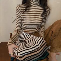 Women's Sweaters Black Striped Sweater Women Knitted Pullover Autumn Long Sleeve Turtleneck Knitwear Korean Bottoming Shirt Stretch Jumpers