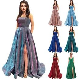 Casual Dresses Sequins Women Evening Floor Length Dress Elegant Sexy Strap V Neck High Waist Corset Slit Graduation Party Robe Prom Gown