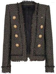 Women's Jackets HIGH STREET Est Designer Fashion 2023 Lion Buttons Plaid Fringed Tweed Jacket