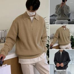 Men's Sweaters Men Sweater Lightweight Zipper Knit With Lapel Solid Color Long Sleeve Soft Warm Mid-length For Fall