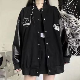 Womens Jackets Spring Autumn Coat Korean Harajuku Style Bomber Jacket Oversized Leather Pure Black Cloth 231204