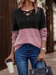 Women's T-Shirt Unique Two Colour Tops Women Hollow cross V Neck Long Sleeve Ladies Spring Autumn Casual Pullover T Shirts T231204