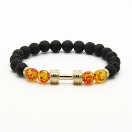 Men's Bracelets Whole New designs Metal New Barbell 8mm Amber Beads Lava Rock Stone Fitness Fashion Dumbbell Bracelets1586