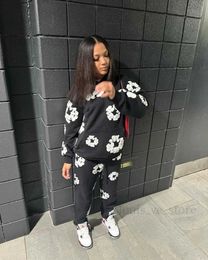 Women's Two Piece Pants STYLISH LADY Floral Printed Jogger 2 Piece Set Women Long Sleeve Pullover Hoodies Sweatshirt and Sweatpant Sets Autumn Tracksuit T231204