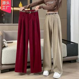 Women's Pants Women Wide Leg Lady Corduroy Straight Pant 2023 Fall Winter High Waist Femal Korean Fashion Trend Loose Trousers With Belt