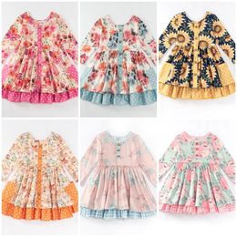 Girl's Dresses Exclusive Girlymax Fall/Winter Daisy Floral Fox Print Baby Girls Boutique Clothes Children Dress Ruffles Long Sleeve Knee Length 231204