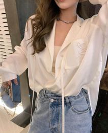 Women Silk Blouses Mens Designer ribbon Tshirts pocket Letters Embroidery Fashion Long Sleeve Tee Shirts Casual Tops Clothing Black White Shirt