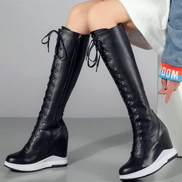 Boots Platform Wedges Fashion Sneaker Genuine Leather Winter Warm Knee High Snow Female Lace Up Heel Pumps Shoes 231204