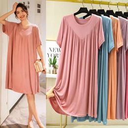 Women's Sleepwear Modal Nightgown Women Summer Pleated Thin O-neck Loose Large Size Casual Short Sleeve Night Dress Home Female Long