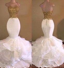 Evening Dresses White Organza Prom Gown Party Formal Mermaid Trumpet New Custom Zipper Lace Up Sleeveless Spaghetti Gold Applique