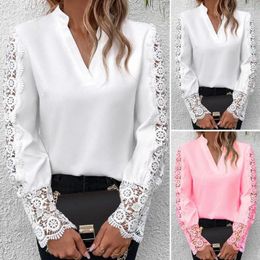 Women's Blouses Women Spring Top Lace Hollow Out V Neck Solid Color Flower Patchwork Keep Warm Pullover Long Sleeves Summer Blouse Garment