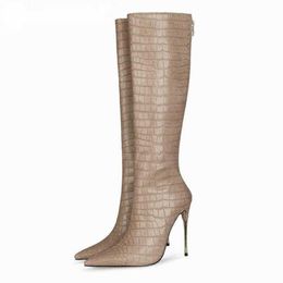 Boots Big Fashion Women Knee length Be Toe High Heels Long Sexy Crocodile Print Botas Mujer 220903