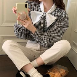 Women's Blouses Blouse Women Vintage Contrast Colour Bow Shirts 2023 Blusas Mujer De Moda Puff Sleeve Sweet Loose Fashion Korean Tops