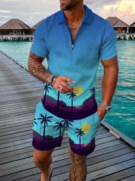 Men's Tracksuits Summer V-neck Zipper Polo Shirt Short-Sleeved Set 3D Print Fashion Tracksuit Casual Loose Beach Shorts Suit Men Clothing