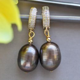 Dangle Earrings Z10653 16mm Brown-Black Rice Freshwater Pearl Gold-plating Earring CZ