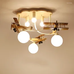 Chandeliers Wooden Plane Lamp Creative Aeroplane Chandelier Light For Nursery Room Children's Bedroom Ceiling Lights Boy Kids LED E27