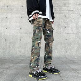 Mens Jeans Military Design Camoflage Pants Men Damaged Handpainted Side Pockets Trousers Males Baggy Y2K 231204