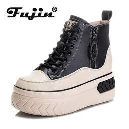 Height Increasing Shoes Fujin High Top Women Shoes Genuine leather 8cm Platform Boots Wedge Hidden Heel Zip Spring Autumn Warm Fur Winter Shoes Sneakers 231204