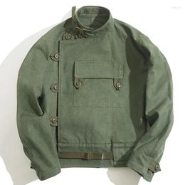 Men's Jackets Army Green Retro Bomber Misplaced Oblique Buckle Swedish Motorcycle AMEKAJI Cotton Autumn Winter Coat