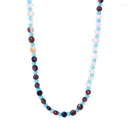 Choker ALLME Textured 18K Gold Titanium Steel Blue Contrast Colour Natural Stone Agate Freshwater Pearl Beaded Necklaces For Women