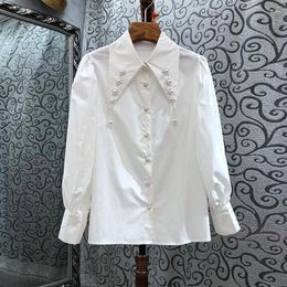 Women's Blouses Pearl Beading White Women Shirts Summer Design Turn-Down Collar Long-Sleved Elegant Office Lady Outwear Tops