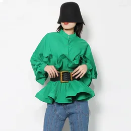 Women's Blouses Spring Green Cotton Shirt Basic Loose Ruffle Edge Blouse Button Up With Belt Elegant For Women Retro Tops