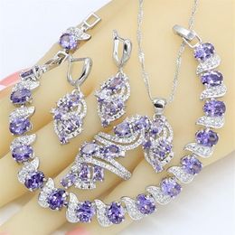 Dubai Jewelry Sets for Women Wedding Purple Amethyst Necklace Pendant Earrings Ring Bracelet Gift Box 220725195R