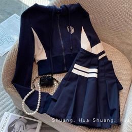 Work Dresses Preppy Style Zip Hoodies Y2k Top Casual Mini Striped Pleated Skirts Womens Two Peice Sets Sexy Hooded Coat Sweatshirts Jacket