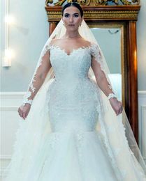 Gorgeous Long Sleeves Mermaid Wedding Dresses With Detachable Train Lace Appliques Plus Size Long Bridal Gowns For Women 2024