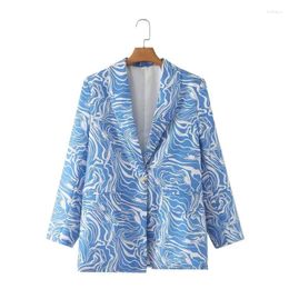 Women's Suits Korean Graffiti Printed Suit Jacket Women Spring Autumn Casual Notched Collar Single Buckle Long Sleeve Blazers Coat Pink Blue