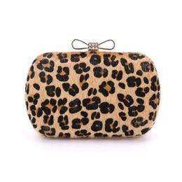 Women horsehair Leopard Print Evening Diomand Bow Clutch Hand Bags212G