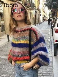 Women's Sweaters Color Contrast Patchwork Stripes Oversized Cashmere Sweater Women Thick O Neck Long Sleeve Lady Fashion Street Jumpers