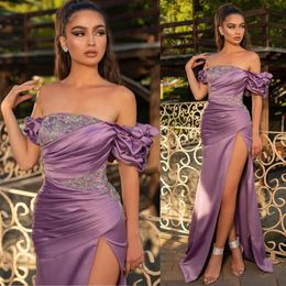 Formal Purple Mermaid Prom Dresses For Women Satin Crystal Side Split Sleevelss Pleat Sexy Evening Party Gowns Robe De Mariage