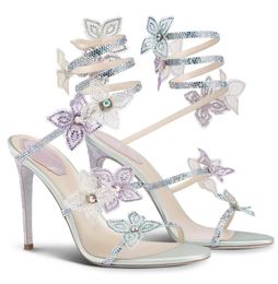 Rene Caovilla Women Crystal Luxury Margot Sandals Shoes Snake Wrapped High Heels Butterflies Strappy Lady Party Wedding Lady Sexy Pumps Eu35-43